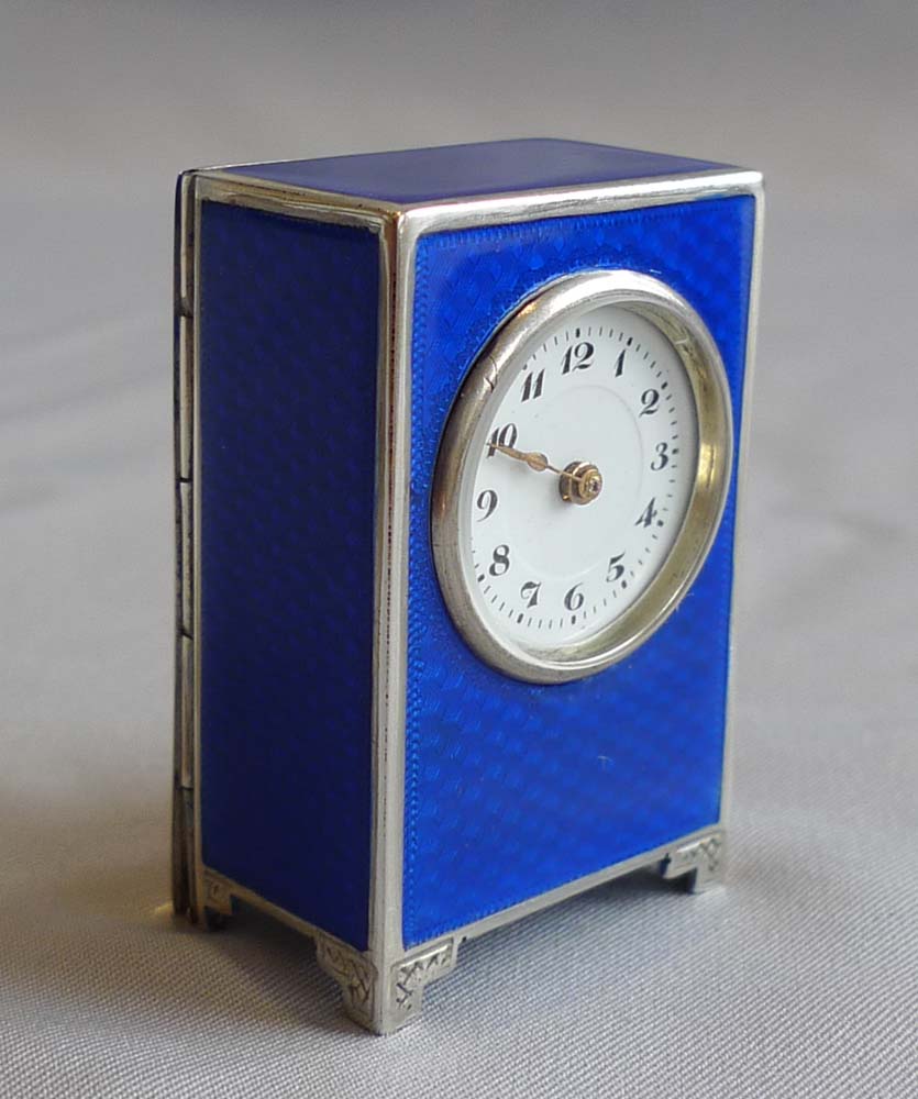 Asprey silver and blue guilloche enamel sub-miniature mantel clock, cased.