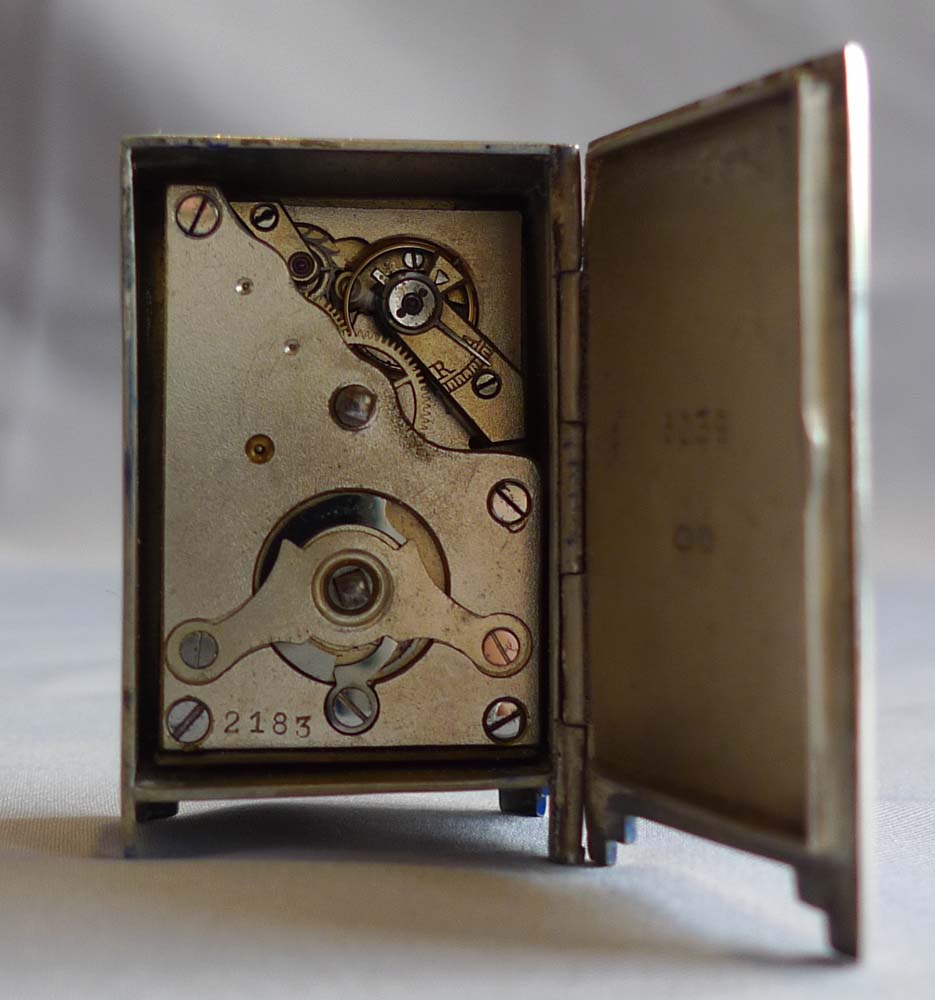Asprey silver and blue guilloche enamel sub-miniature mantel clock, cased.