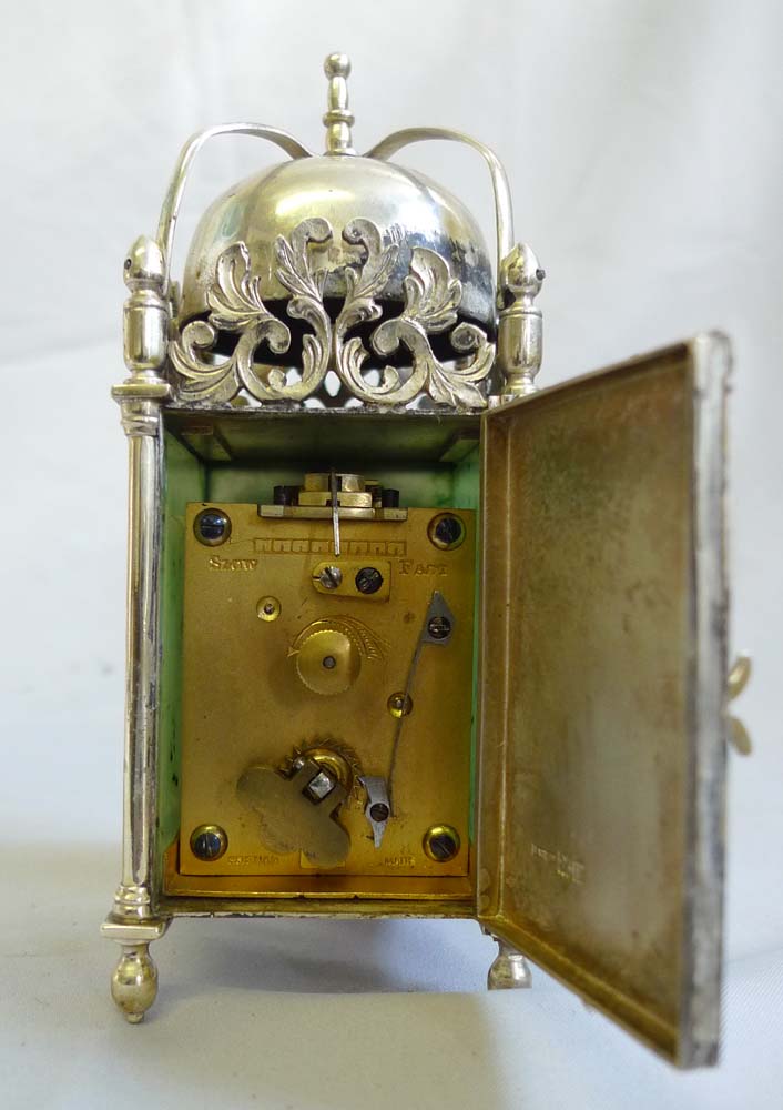 Antique Asprey solid silver and moss agate mantel clock in form of a lantern clock.