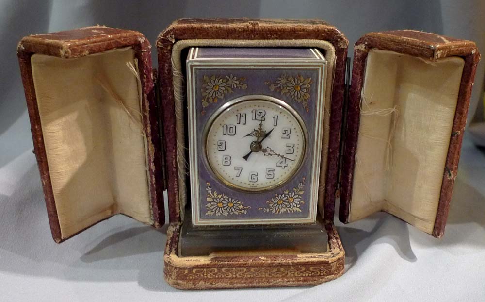 Antique rare guilloche enamell and silver gilt timepiece alarm signed Mathey in fitted case.