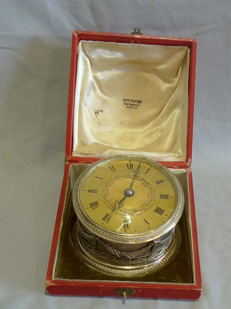 Antique French silver desk clock by Boin-Taburet, Paris, in original case
