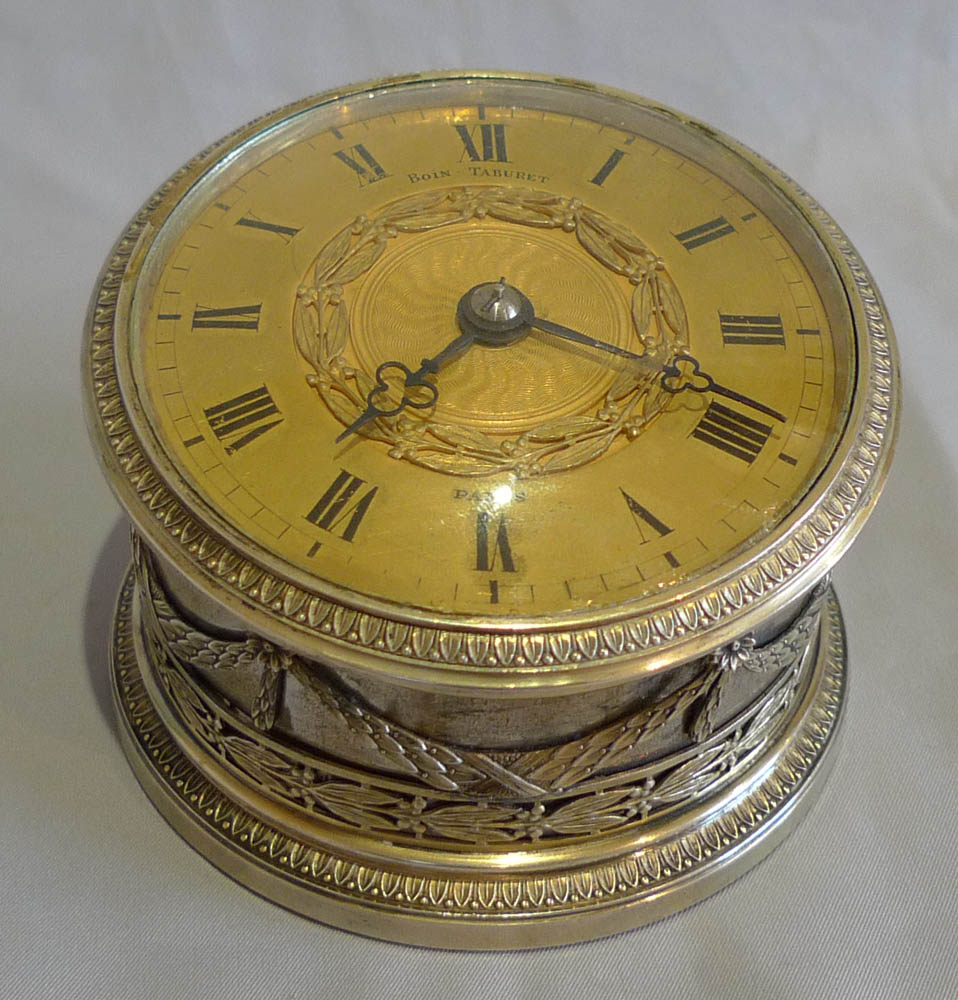 Antique French silver desk clock by Boin-Taburet, Paris, in original case