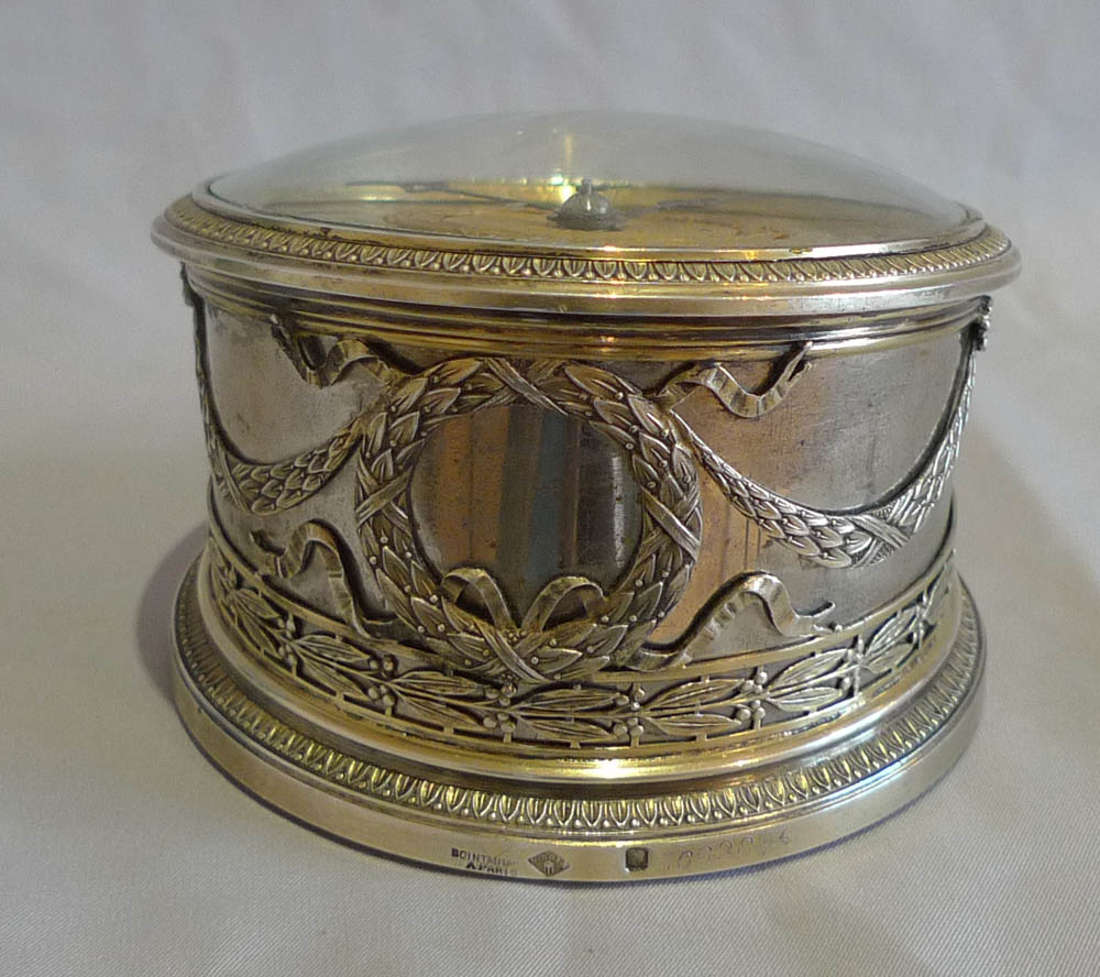 Antique French silver desk clock by Boin-Taburet, Paris, in original case