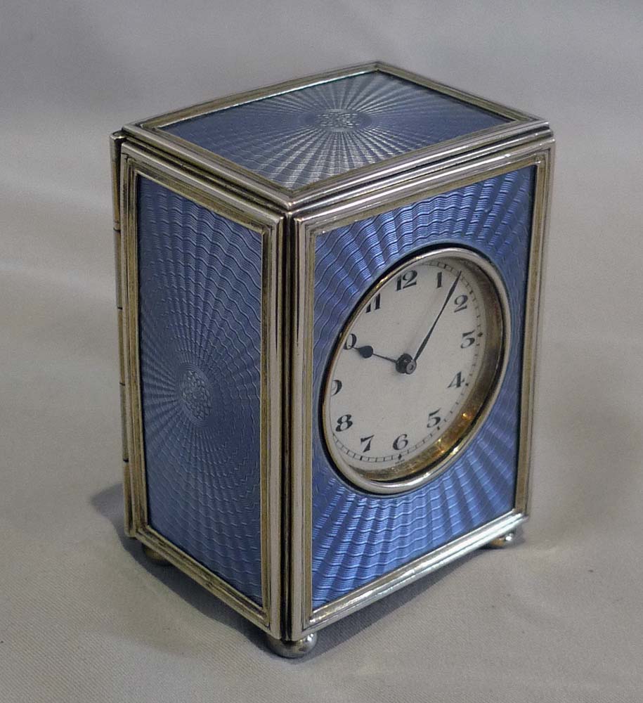 Silver and lilac guilloche enamel miniature carriage clock