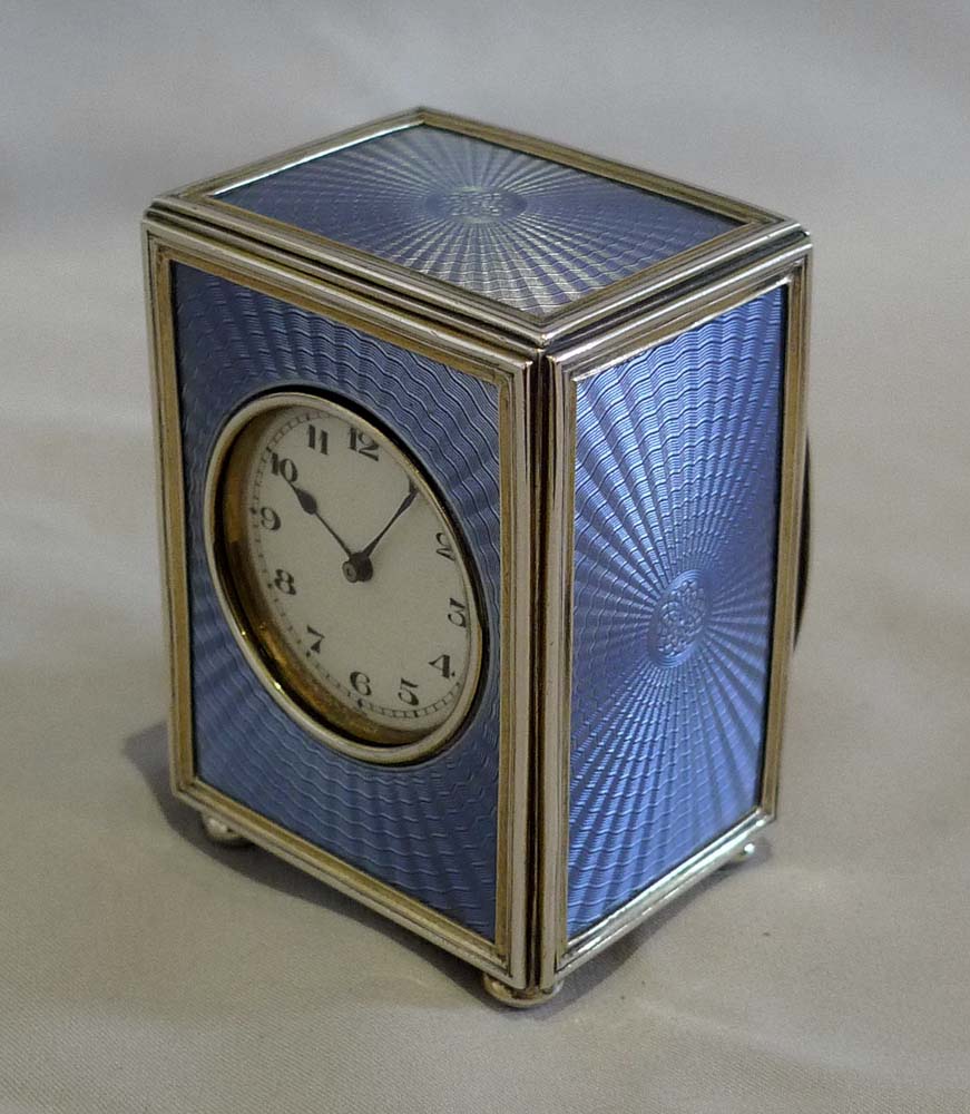 Silver and lilac guilloche enamel miniature carriage clock