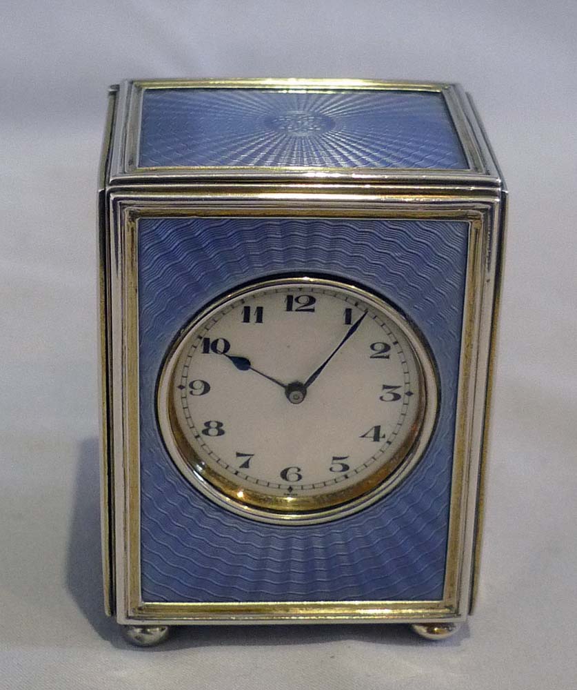 Silver and lilac guilloche enamel miniature carriage clock