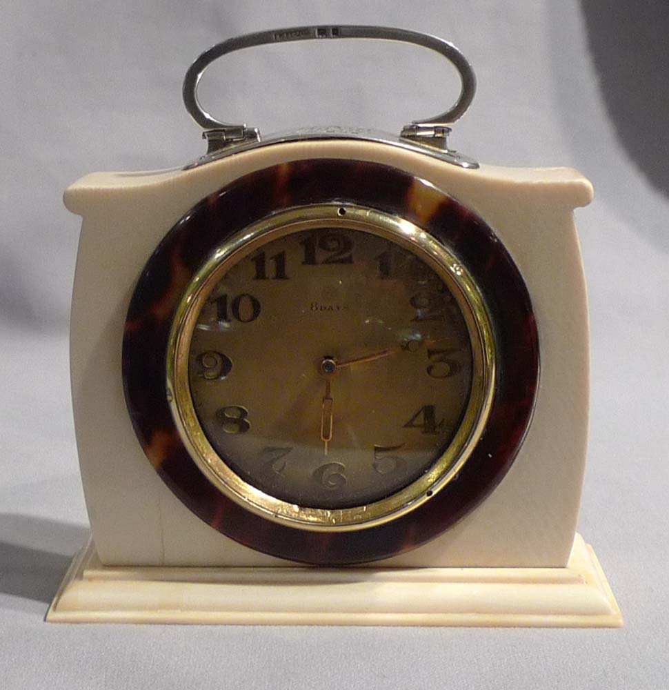 Silver, ivory and tortoiseshell strut or desk clock