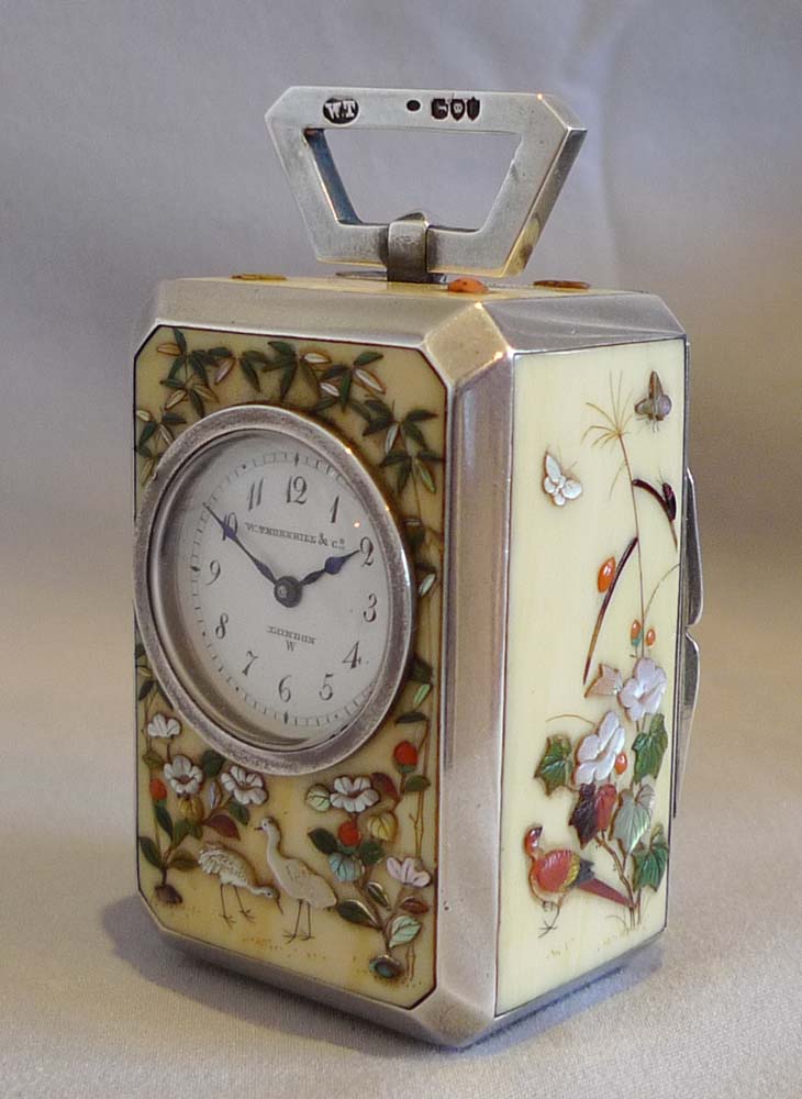 Antique shibayama & silver miniature carriage clock, original carrying case & key,Thornhill, London.