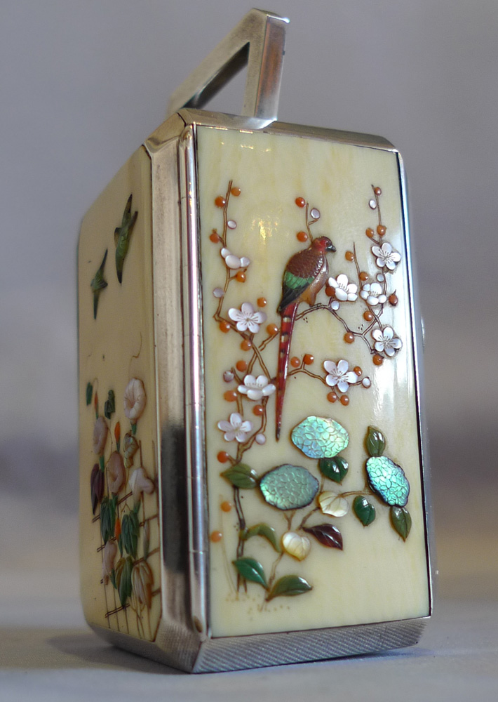 Antique shibayama & silver miniature carriage clock, original carrying case & key,Thornhill, London.