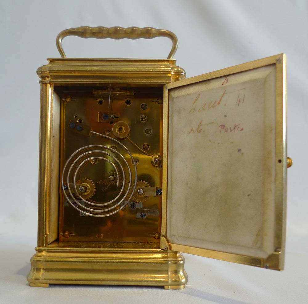Antique French five panel porcelain gorge cased repeating carriage clock.
