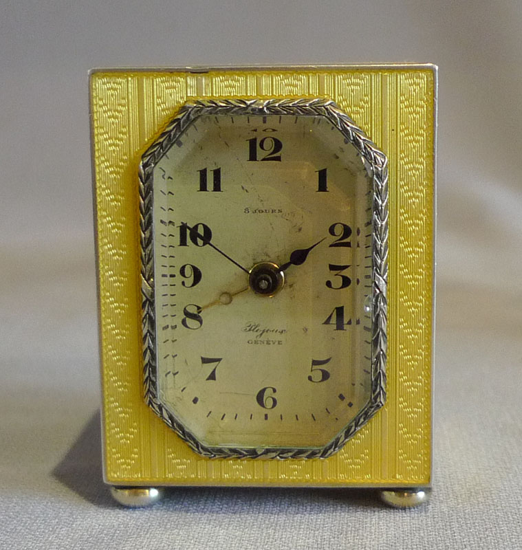 guilloche enamel and silver sub miniature carriage clock with alarm.