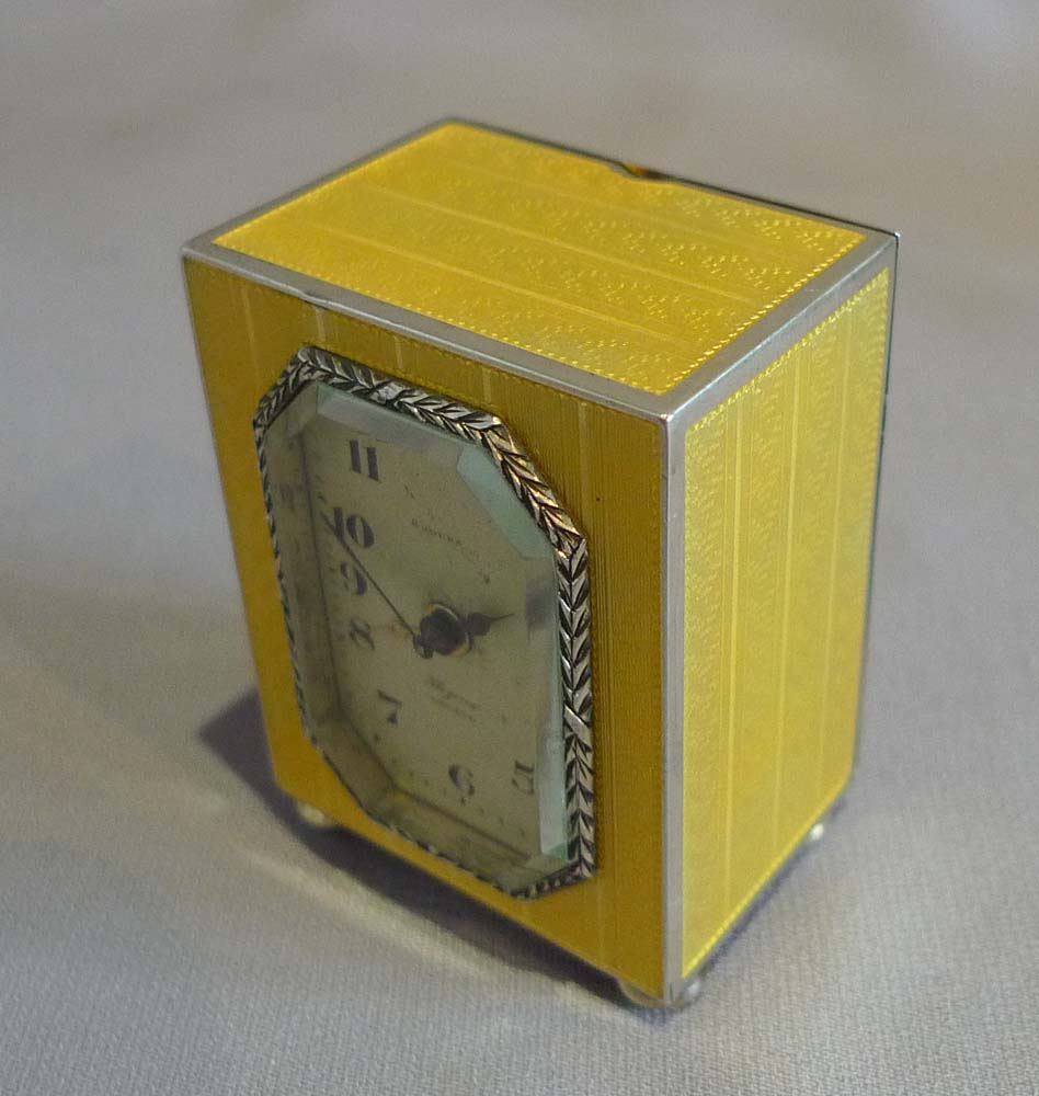 guilloche enamel and silver sub miniature carriage clock with alarm.
