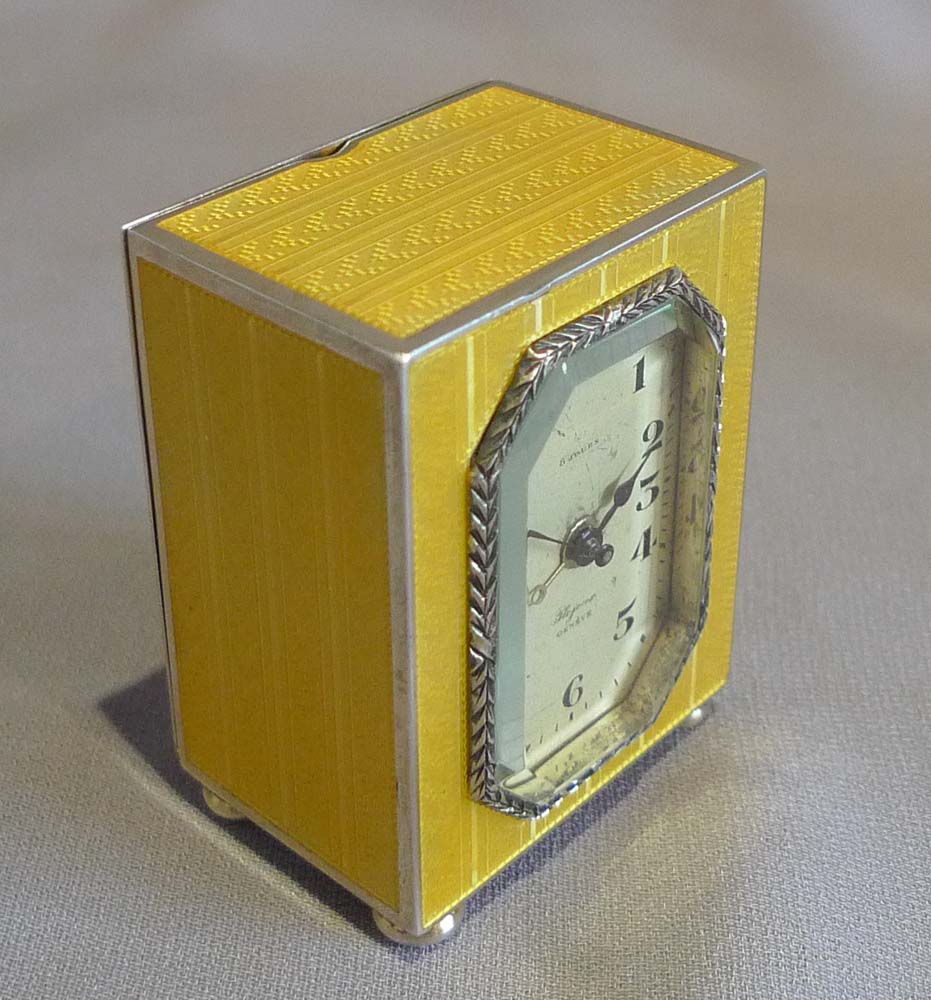 guilloche enamel and silver sub miniature carriage clock with alarm.