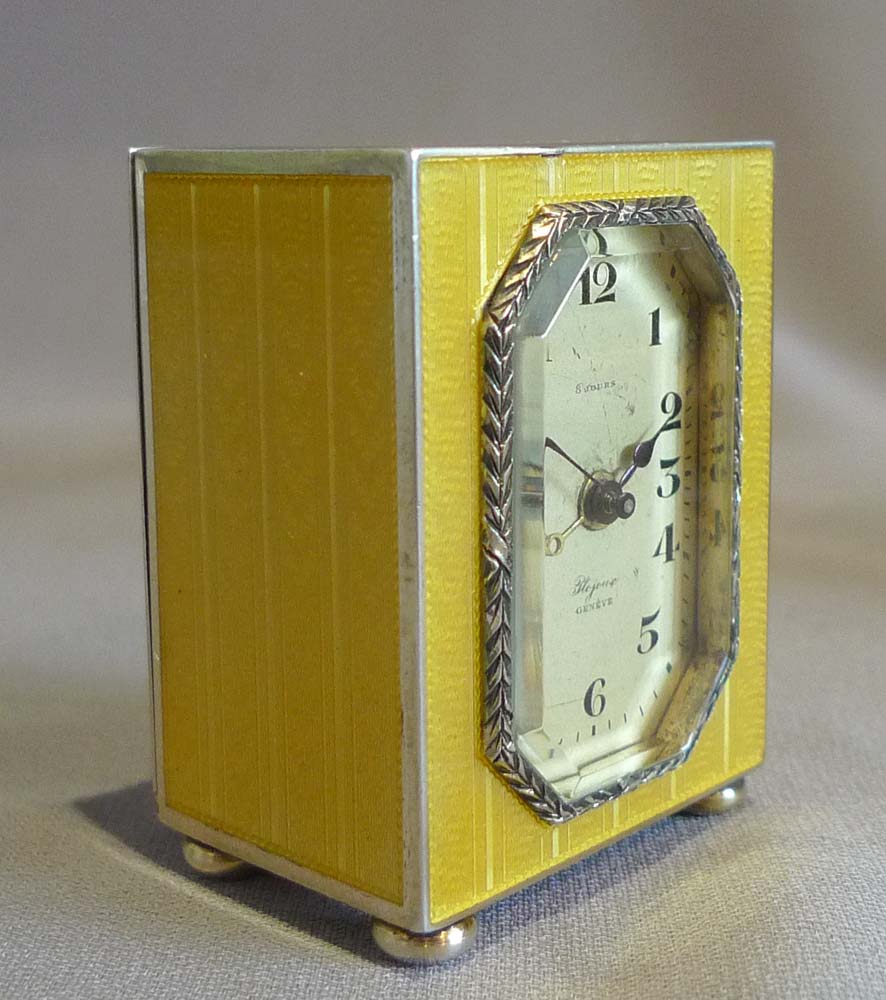 guilloche enamel and silver sub miniature carriage clock with alarm.