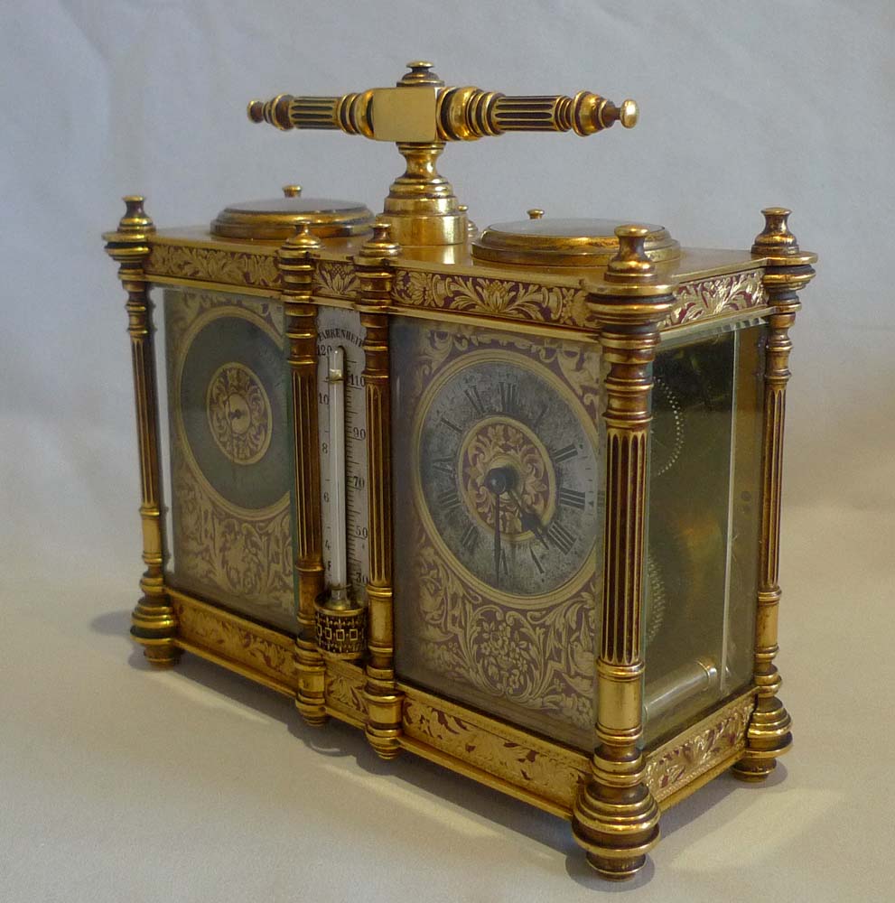 Antique desk compendium with fine engraving and enamelm with clock, barometer, thermometer & compass