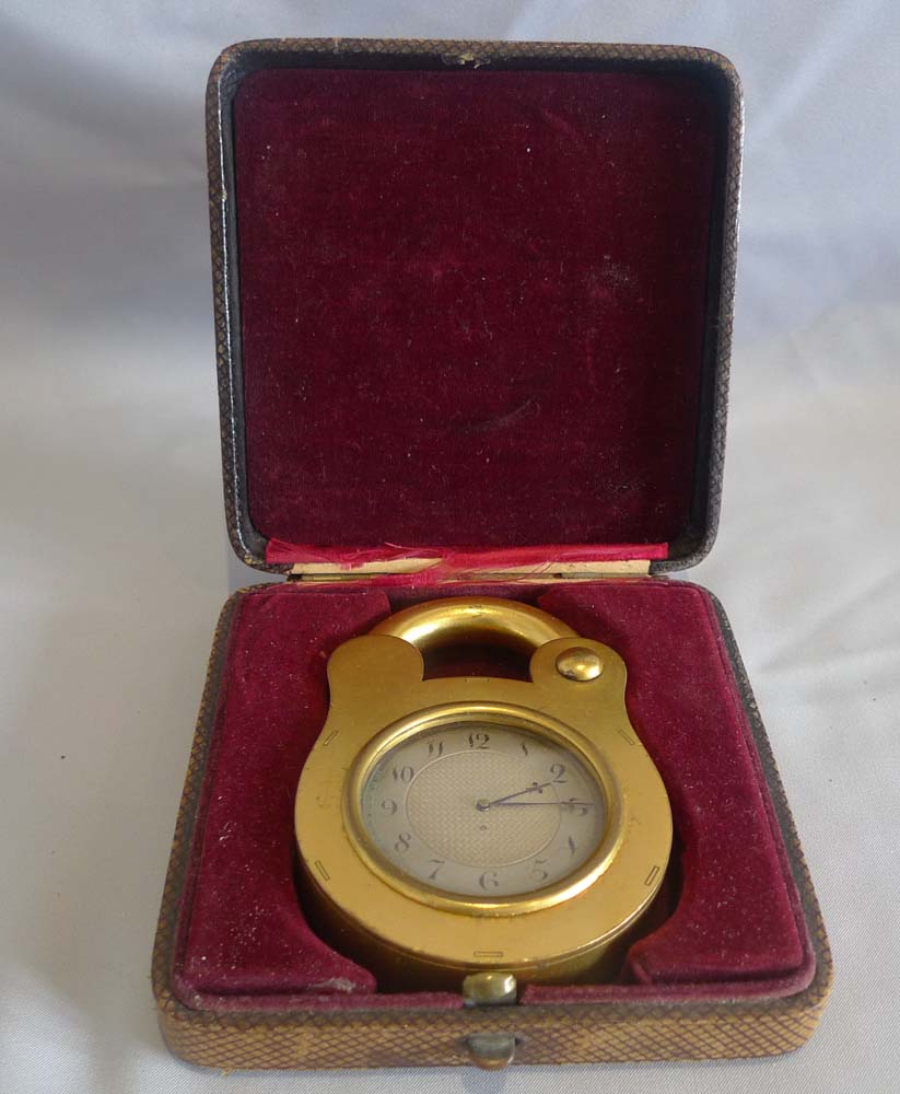 Antique padlock clock by Howell James, boxed.