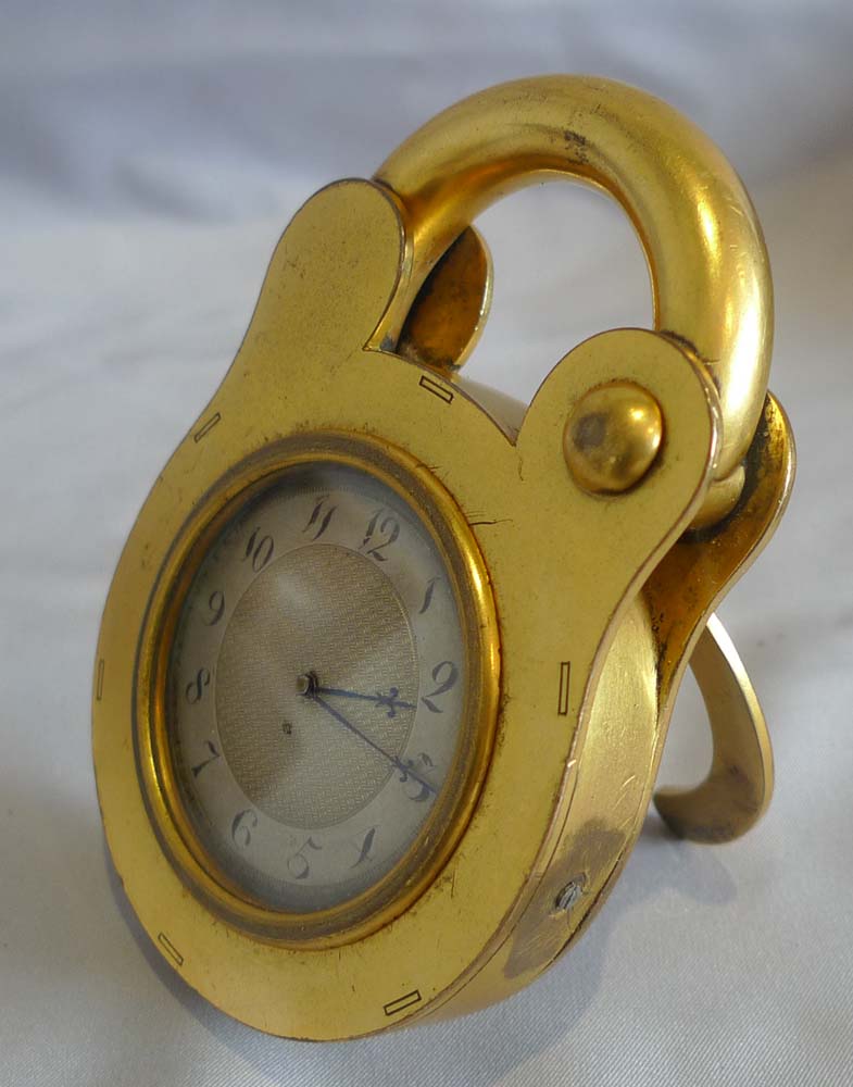 Antique padlock clock by Howell James, boxed.