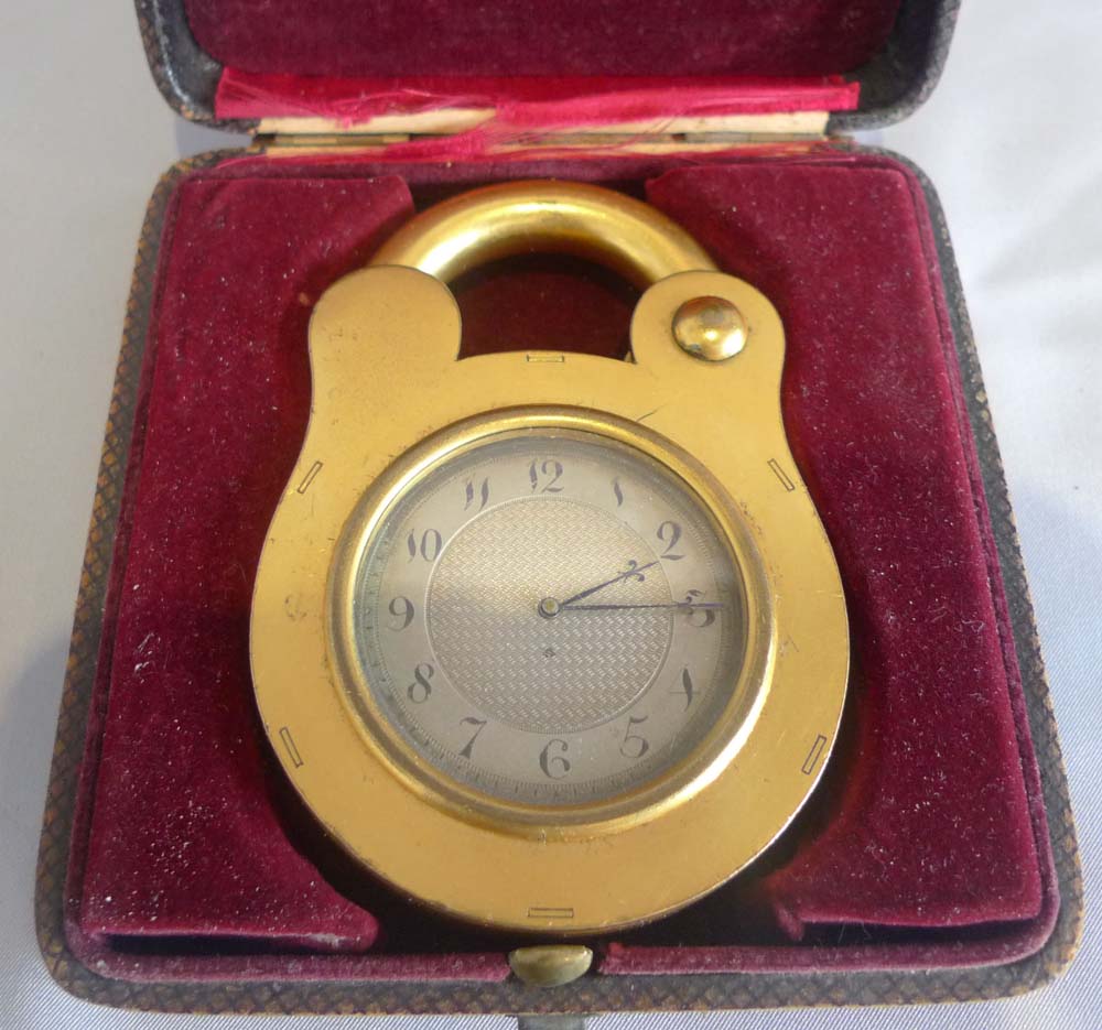Antique padlock clock by Howell James, boxed.