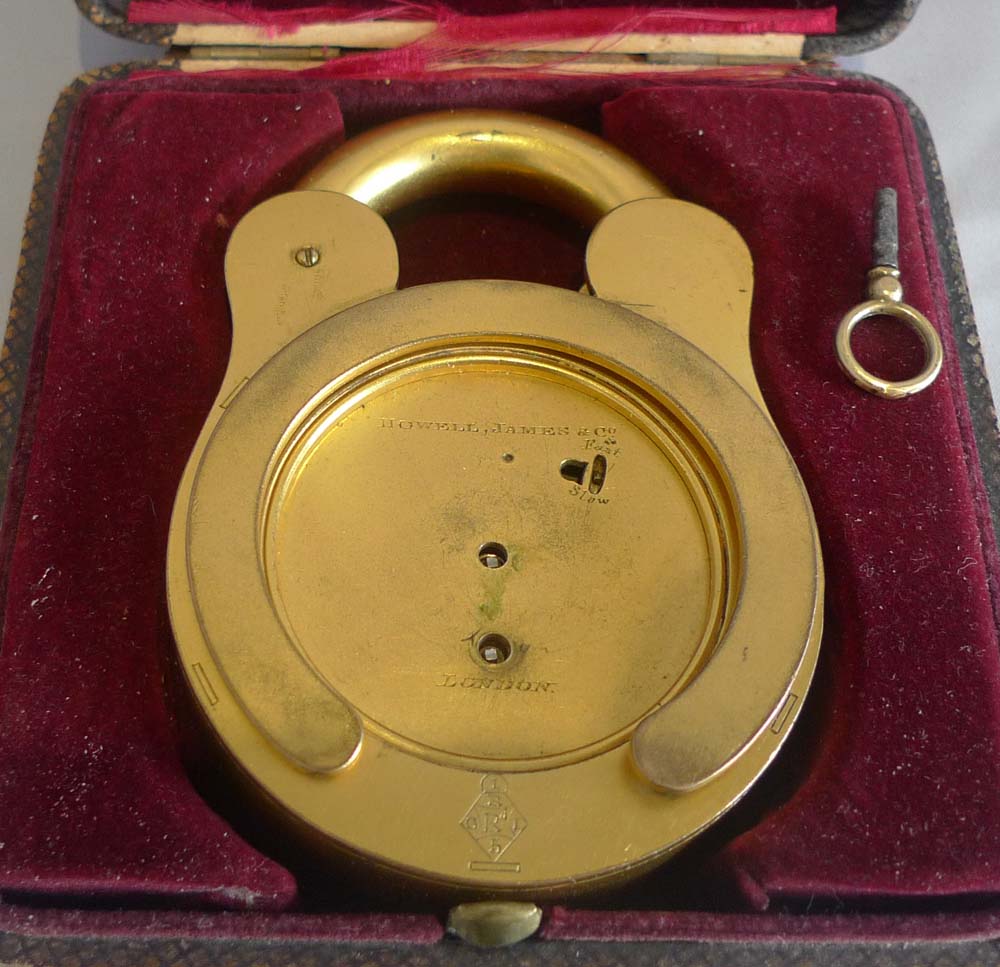 Antique padlock clock by Howell James, boxed.