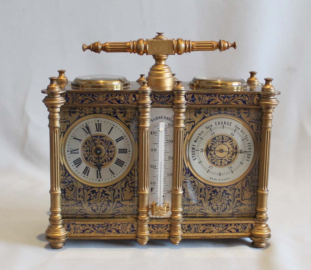 Antique French champleve enamel combined carriage timepiece with barometer, thermometer and compass