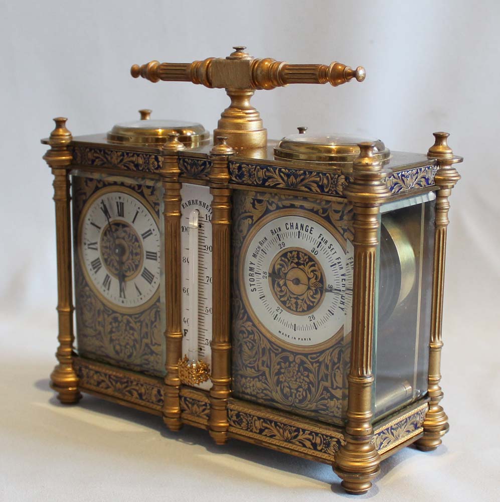 Antique French champleve enamel combined carriage timepiece with barometer, thermometer and compass