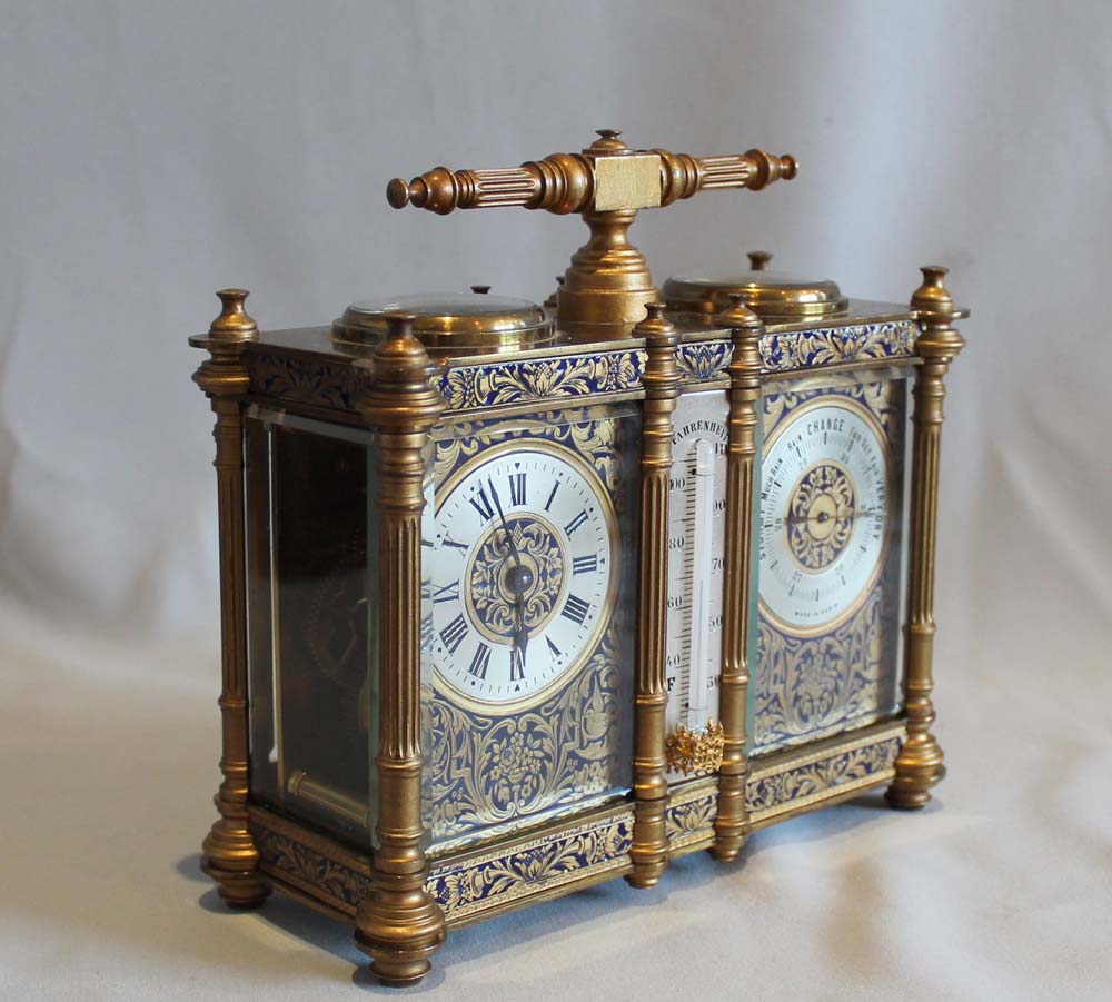 Antique French champleve enamel combined carriage timepiece with barometer, thermometer and compass