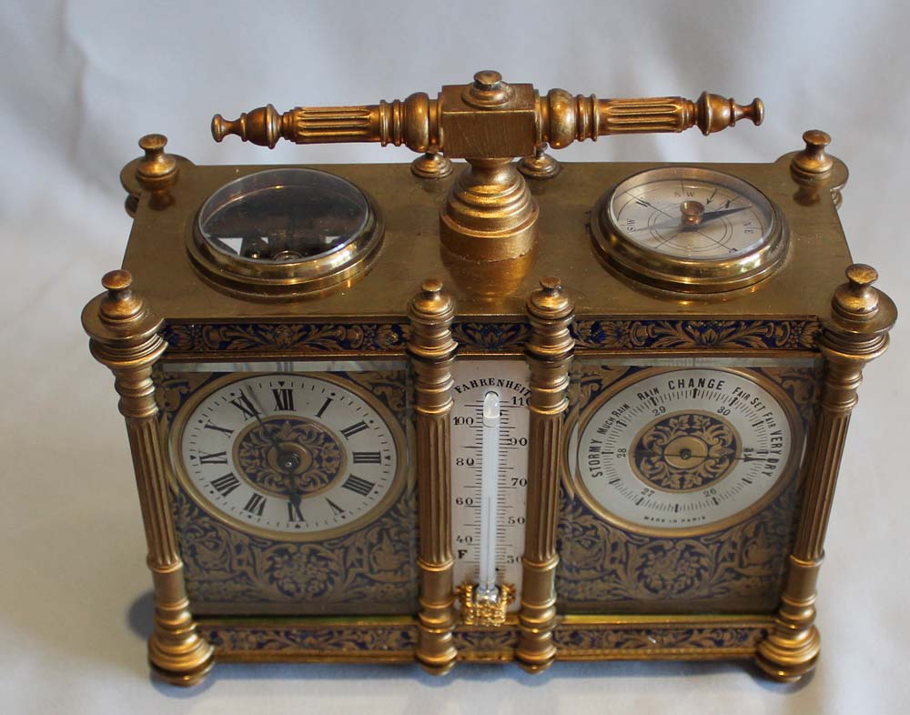 Antique French champleve enamel combined carriage timepiece with barometer, thermometer and compass