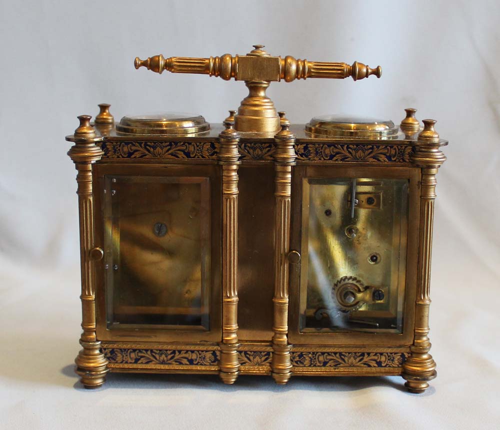 Antique French champleve enamel combined carriage timepiece with barometer, thermometer and compass