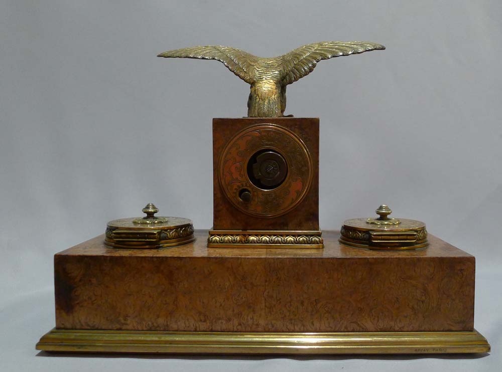 Antique burr walnut and ormolu desk set signed Appay a Paris.