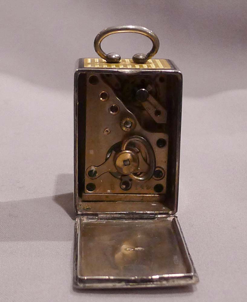 Silver and Imperial yellow guilloche enamel sub-miniature carriage or boudoire clock.