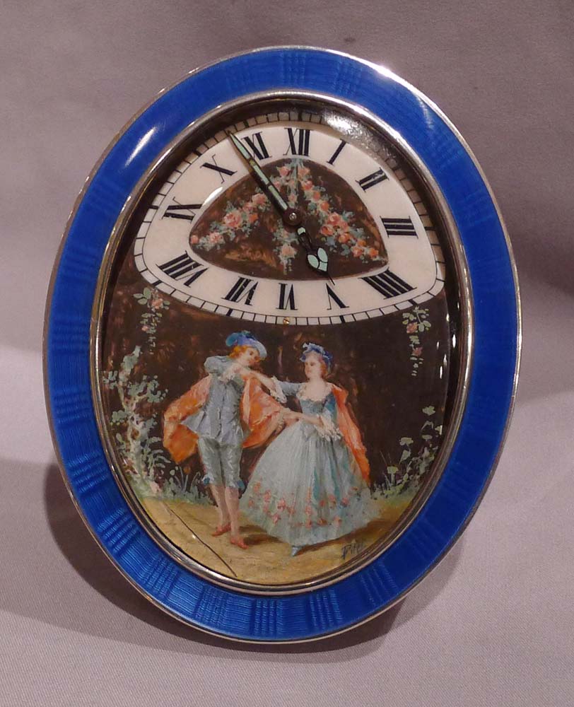 French silver and guilloche enamel timepiece with hand drawn painting