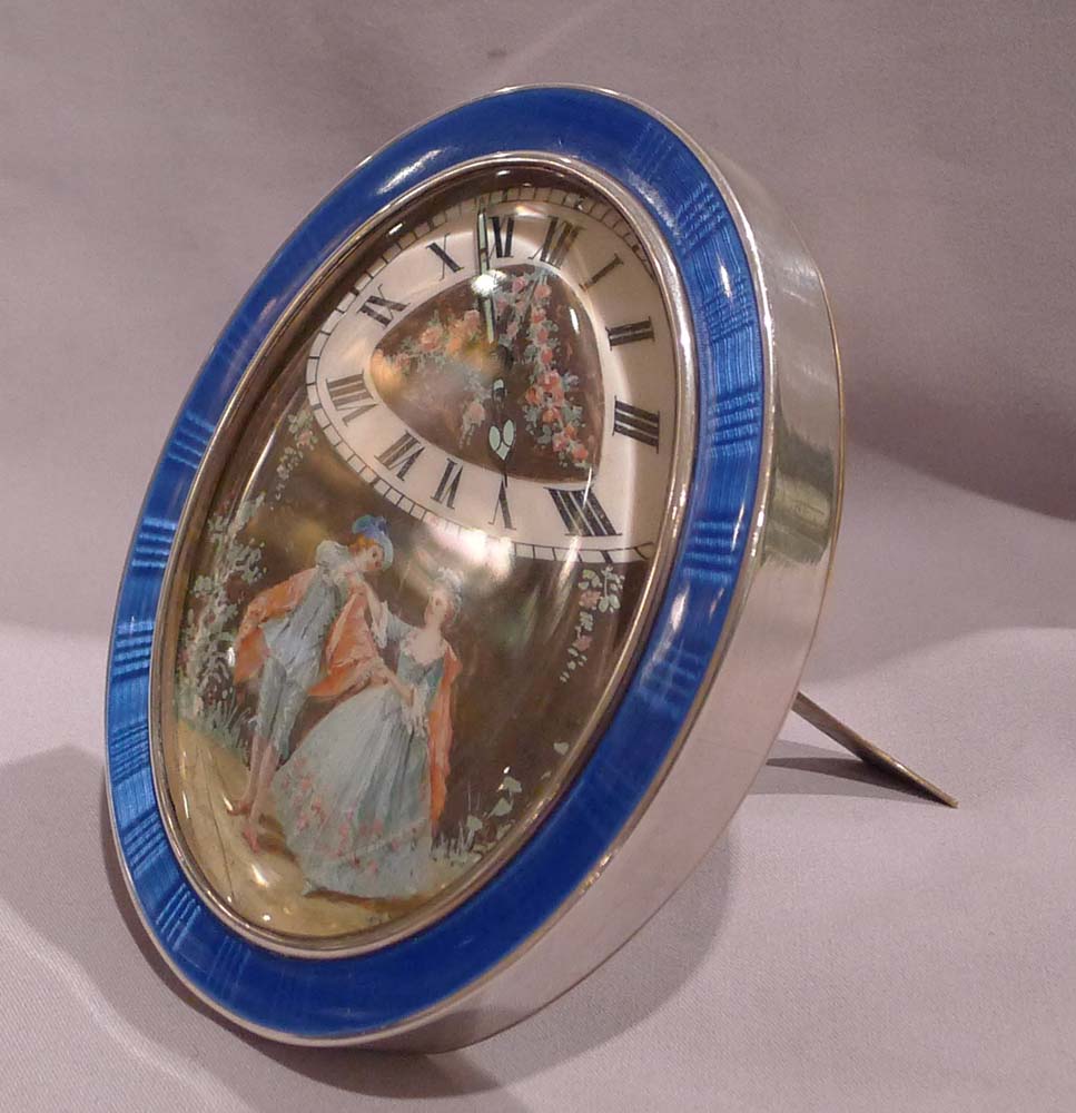 French silver and guilloche enamel timepiece with hand drawn painting