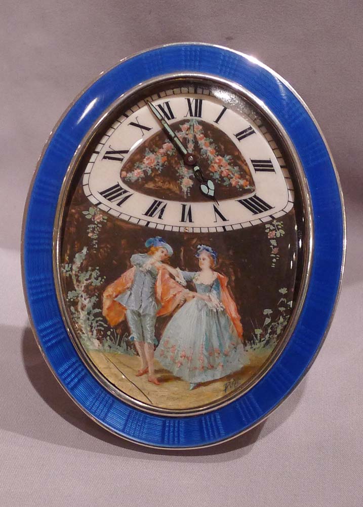 French silver and guilloche enamel timepiece with hand drawn painting