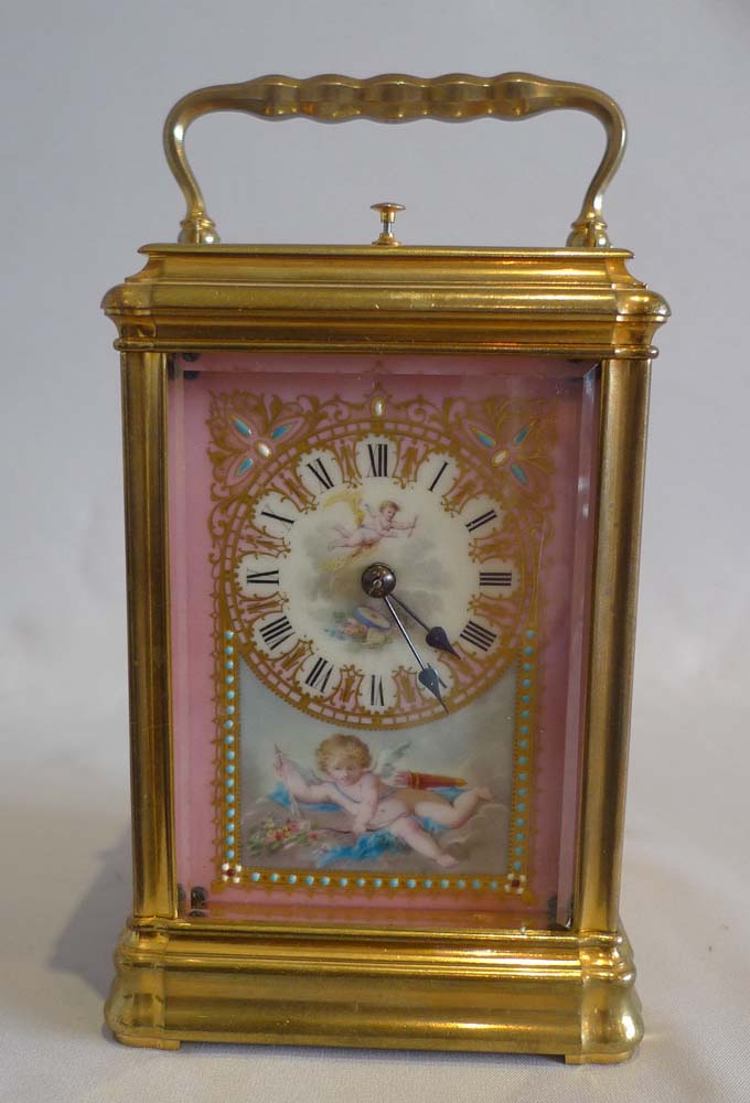 Antique French five panel porcelain gorge cased repeating carriage clock.