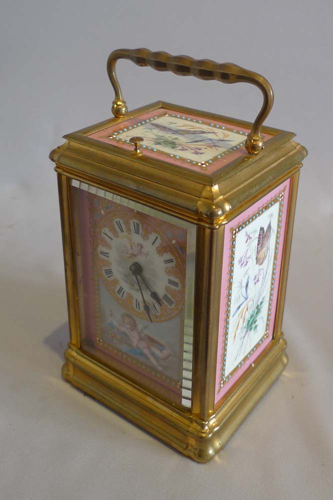 Antique French five panel porcelain gorge cased repeating carriage clock.
