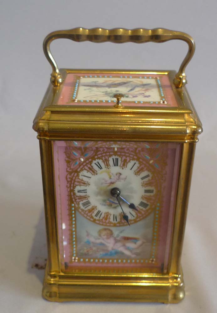 Antique French five panel porcelain gorge cased repeating carriage clock.