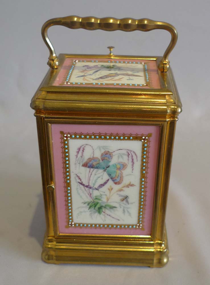 Antique French five panel porcelain gorge cased repeating carriage clock.