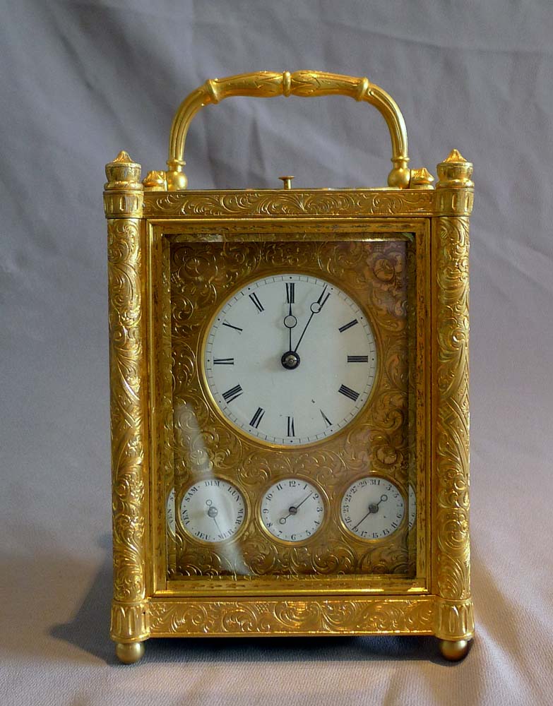 Fine, rare, early form French grand sonnerie carriage clock, alarm and subsidiary calendar dials.