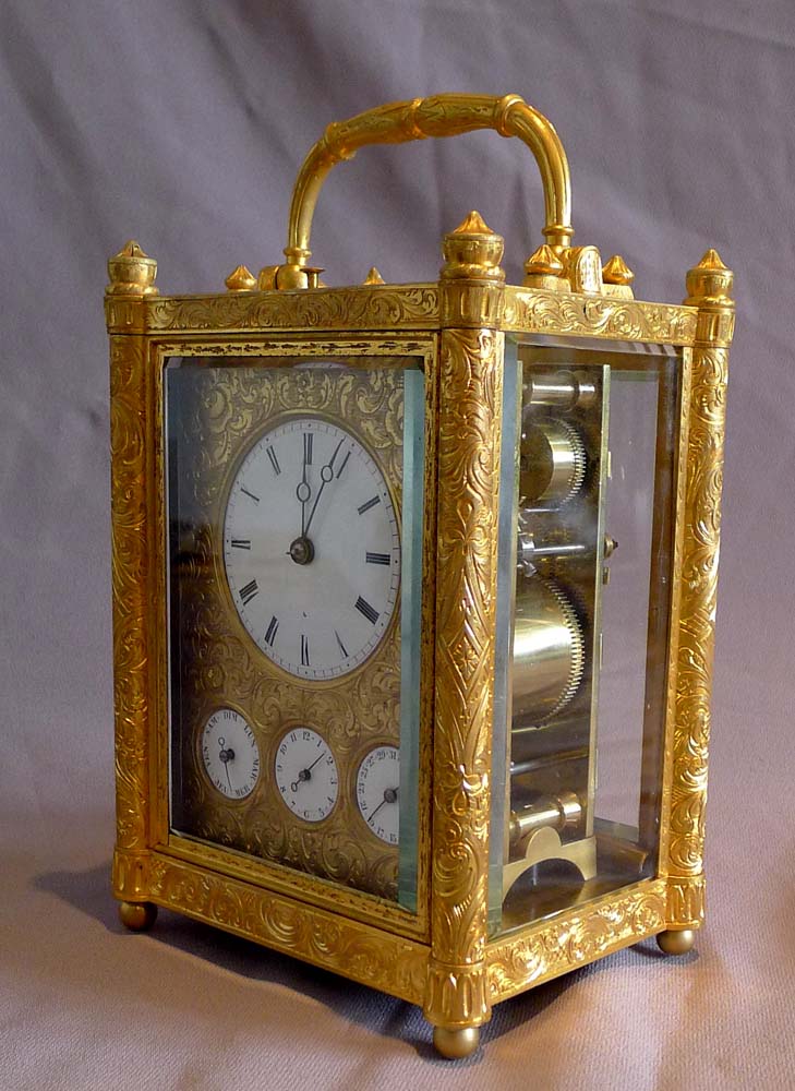 Fine, rare, early form French grand sonnerie carriage clock, alarm and subsidiary calendar dials.