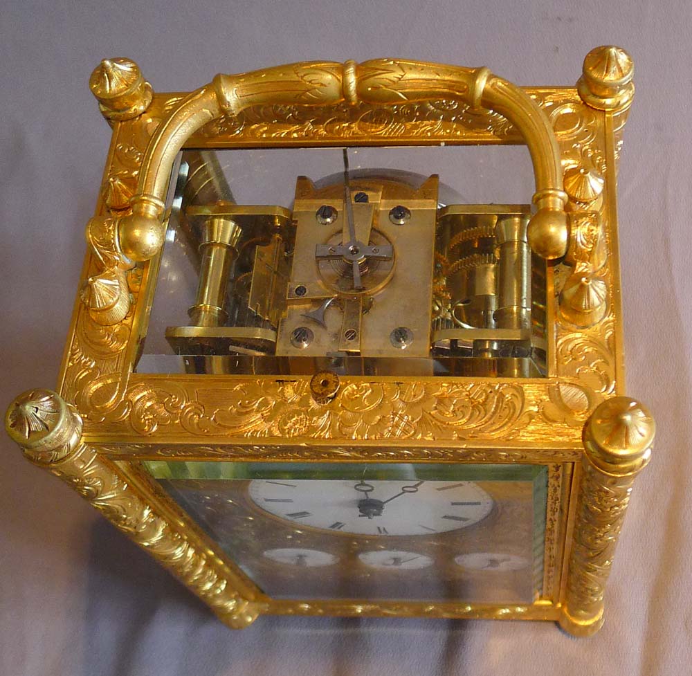 Fine, rare, early form French grand sonnerie carriage clock, alarm and subsidiary calendar dials.