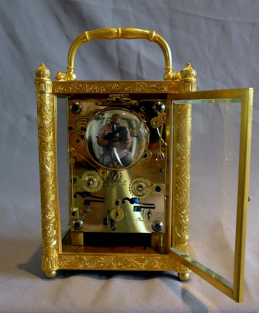 Fine, rare, early form French grand sonnerie carriage clock, alarm and subsidiary calendar dials.