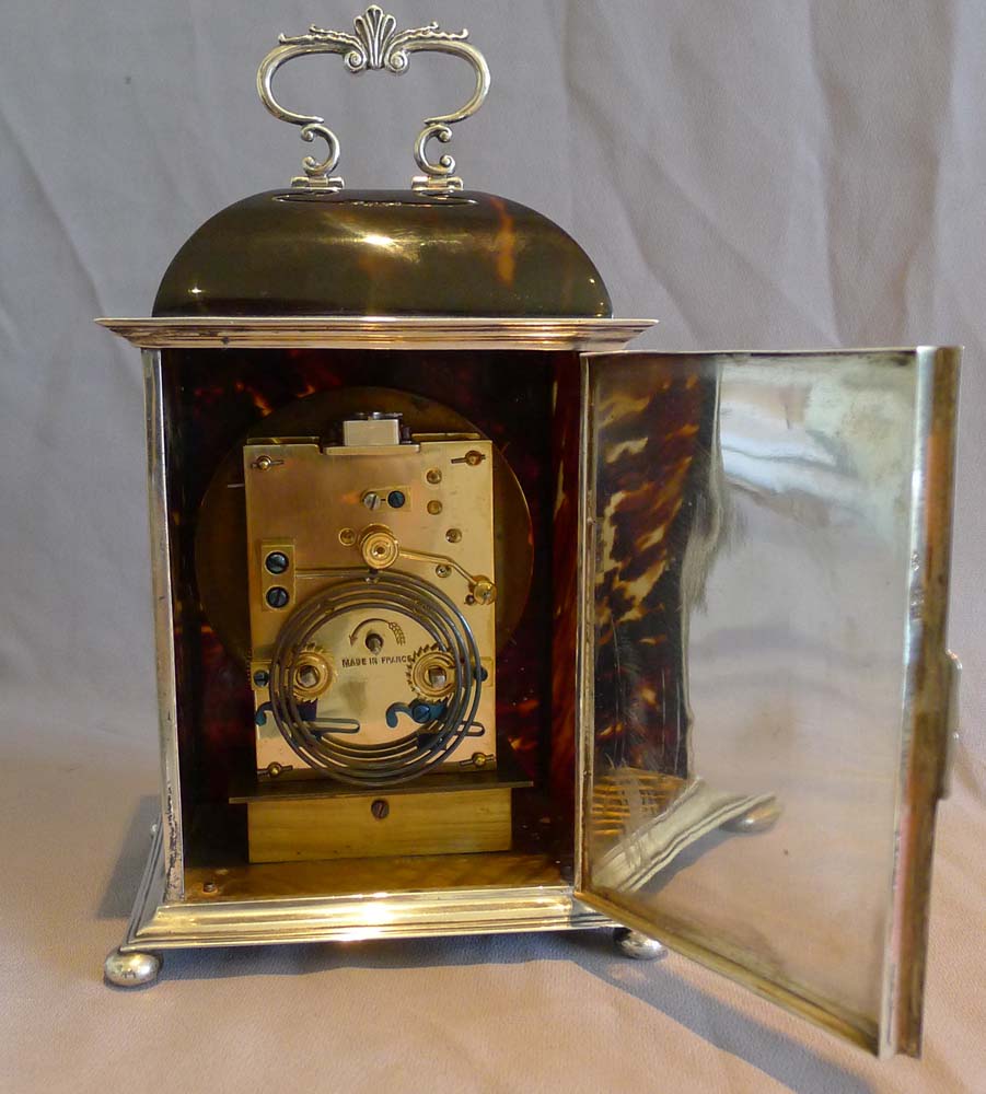 Antique silver and tortoiseshell pique large striking mantel clock signed Asprey.