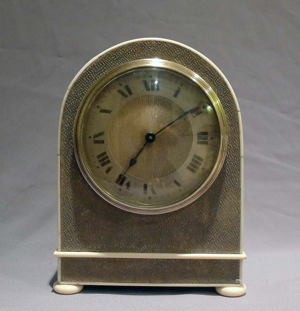 Antique English Edwardian Shagreen and ivory mounted mantel clock.