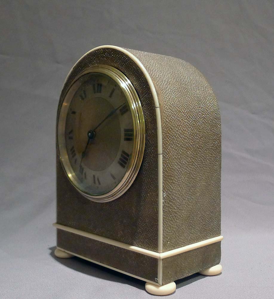 Antique English Edwardian Shagreen and ivory mounted mantel clock.