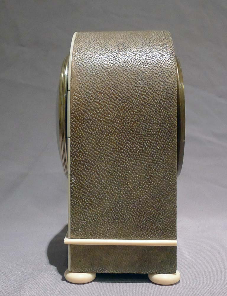 Antique English Edwardian Shagreen and ivory mounted mantel clock.