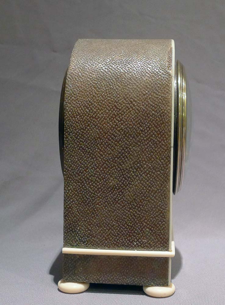 Antique English Edwardian Shagreen and ivory mounted mantel clock.
