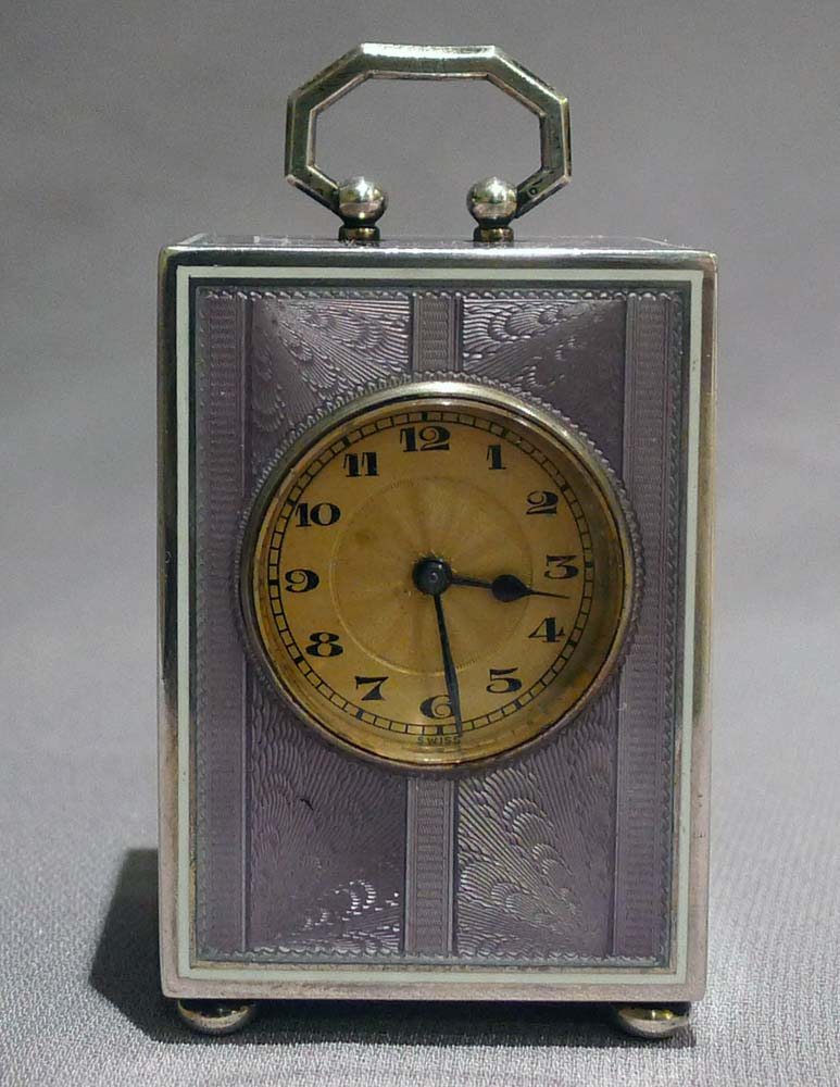 Swiss lilac guilloche enamel and silver sub miniature carriage clock in original travelling case.