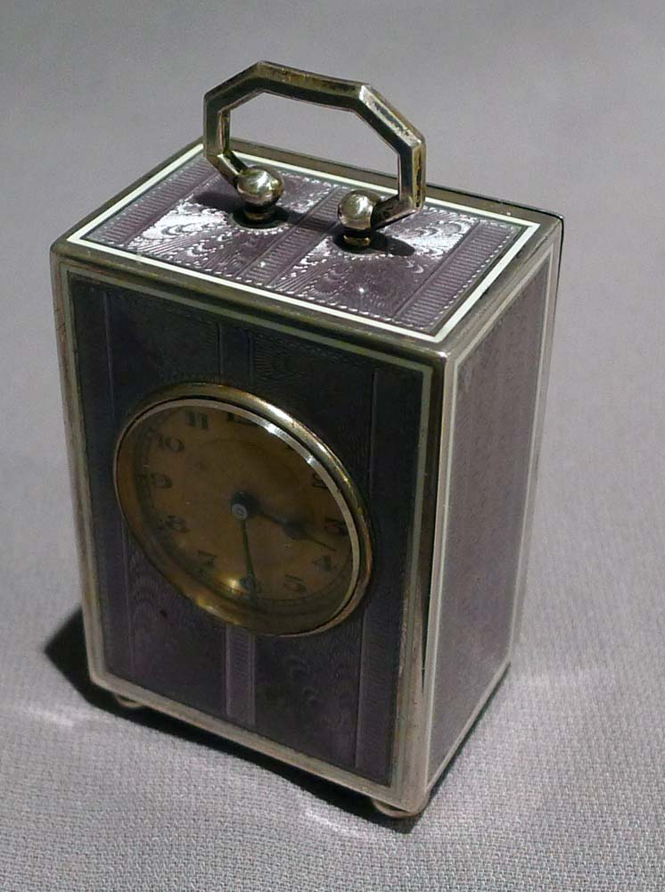 Swiss lilac guilloche enamel and silver sub miniature carriage clock in original travelling case.