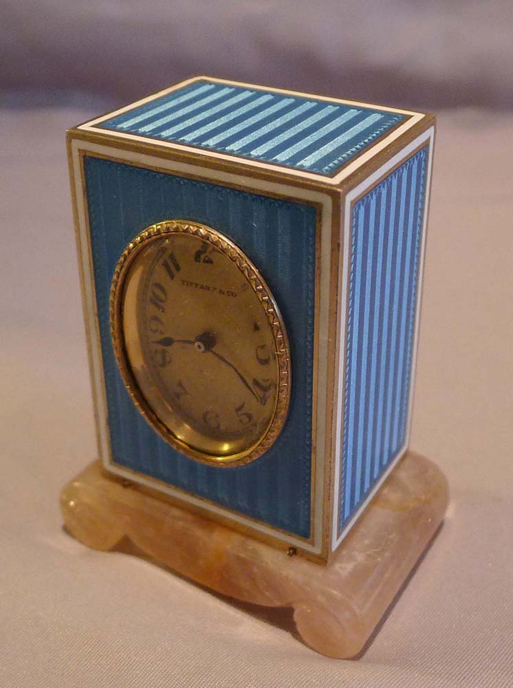 Miniature, cased, silver gilt, guilloche enamel & rose quartz carriage clock retailed by Tiffany NY.