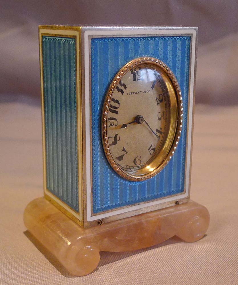 Miniature, cased, silver gilt, guilloche enamel & rose quartz carriage clock retailed by Tiffany NY.
